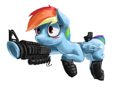 Size: 1024x768 | Tagged: safe, artist:chickhawk96, character:rainbow dash, species:pegasus, species:pony, :<, an/peq-2, ar15, behaving like a weapon, blushing, eotech, frown, gun, inanimate tf, m203, mai raifus have met, objectification, picatinny rail, rainbow dash turning into an assault rifle, rifle, solo, transformation, transformers, transformers age of extinction, underhoof, wide eyes