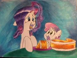 Size: 3264x2448 | Tagged: safe, artist:tofutiles, character:rarity, character:sweetie belle, species:pony, species:unicorn, cake, cooking, eating, female, food, happy, magic, siblings, sisters, sweetie belle can't cook, sweetie fail, traditional art