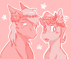 Size: 904x752 | Tagged: safe, artist:cleppyclep, character:big mcintosh, character:caramel, species:earth pony, species:pony, ship:caramac, flower, flower in hair, gay, male, shipping, stallion