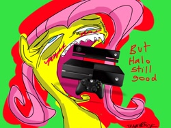 Size: 2400x1800 | Tagged: safe, artist:train wreck, character:fluttershy, eating, halo (series), op is a duck, op is trying to start shit, wat, xbox, xbox one
