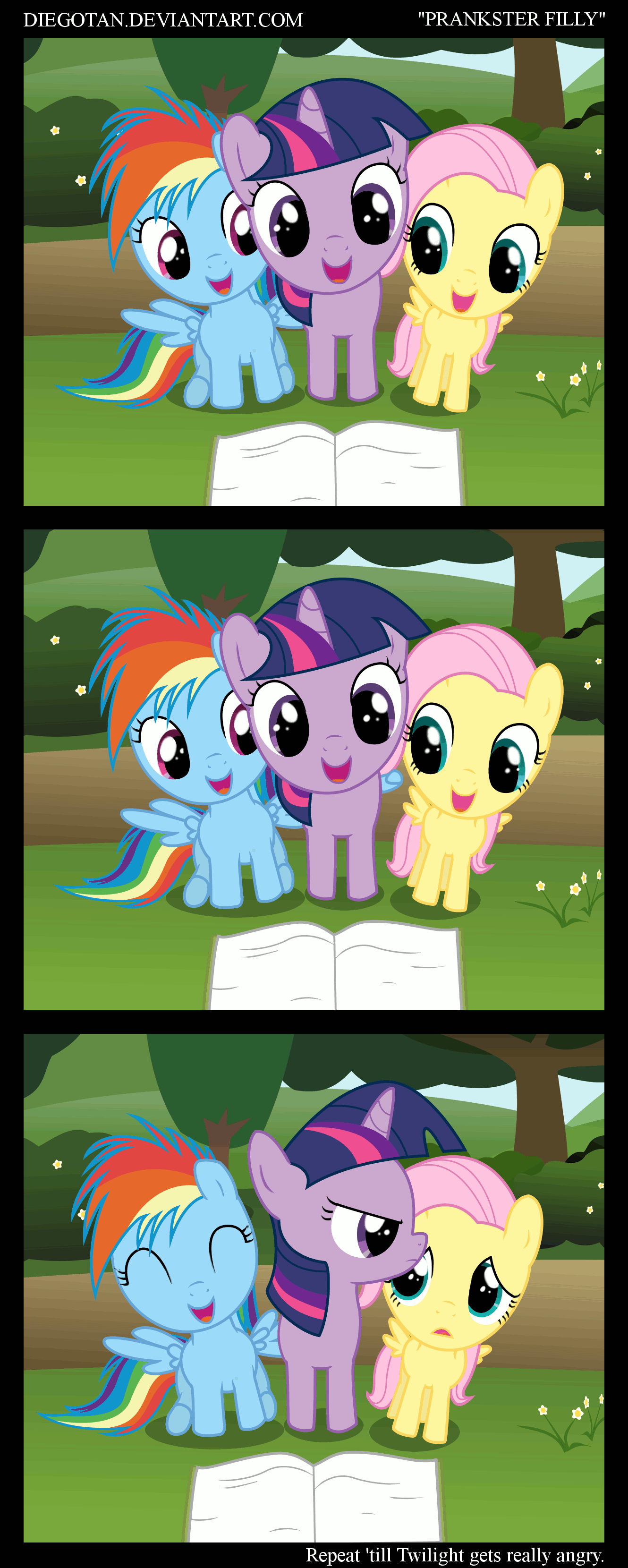 Size: 1330x3320 | Tagged: safe, artist:diegotan, character:fluttershy, character:rainbow dash, character:twilight sparkle, animated, annoyed, book, classic, comic, eyes closed, female, filly, frown, glare, open mouth, poking, reading, smiling, worried