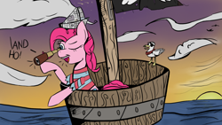 Size: 1366x768 | Tagged: safe, artist:flutteriot, character:pinkie pie, species:bird, species:seagull, female, pirate, pirate ship, ship, solo