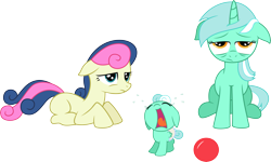 Size: 8483x5092 | Tagged: safe, artist:baka-neku, character:bon bon, character:lyra heartstrings, character:sweetie drops, oc, oc:sweet song, parent:bon bon, parent:lyra heartstrings, parents:lyrabon, species:pony, ship:lyrabon, absurd resolution, baby, baby pony, ball, blank flank, crying, female, foal, lesbian, magical lesbian spawn, missing cutie mark, offspring, shipping, simple background, tired, transparent background, vector