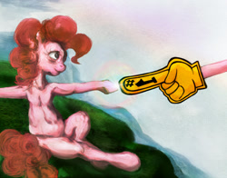 Size: 1534x1204 | Tagged: safe, artist:dungeonxdrugs, artist:miradge, character:pinkie pie, species:earth pony, species:pony, female, fine art parody, foam finger, mare, painting, solo, the creation of adam, uncanny valley