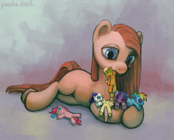 Size: 1502x1207 | Tagged: safe, artist:kaermter, character:applejack, character:fluttershy, character:pinkamena diane pie, character:pinkie pie, character:rainbow dash, character:rarity, character:twilight sparkle, button eyes, cute, cuteamena, doll, female, lying down, mane six, mouth hold, simple background, solo