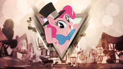 Size: 2560x1440 | Tagged: safe, artist:rdbrony16, artist:the-crusius, character:pinkie pie, species:earth pony, species:pony, bubble, clothing, female, hat, mare, ponyville, solo, sugarcube corner, top hat, vector, wallpaper