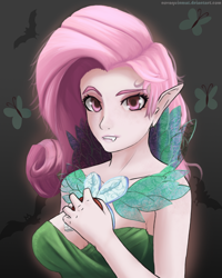 Size: 800x1000 | Tagged: safe, artist:novaquinmat, character:flutterbat, character:fluttershy, species:human, bare shoulders, bust, butterfly, elf ears, fangs, female, humanized, looking at you, parasprite, solo