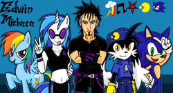 Size: 1421x769 | Tagged: safe, artist:emichaca, character:dj pon-3, character:rainbow dash, character:sonic the hedgehog, character:vinyl scratch, self insert, species:anthro, crossover, klonoa, pac-man, pentagram, sonic the hedgehog (series)