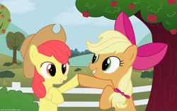 Size: 1900x1200 | Tagged: safe, artist:diegotan, character:apple bloom, character:applejack, species:earth pony, species:pony, accessory swap, adorabloom, apple sisters, bipedal, bow, clothing, cowboy hat, cute, duo, female, filly, foal, get, grin, hair bow, hat, hoofbump, hooves together, jackabetes, mare, nice, pattycakes, raised hoof, siblings, sisters, smiling, squee, stetson, wallpaper