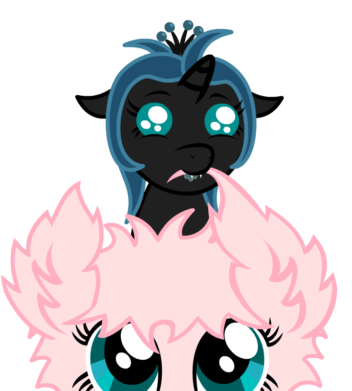 Size: 720x800 | Tagged: safe, artist:bajanic, character:queen chrysalis, oc, oc:fluffle puff, species:changeling, species:pony, animated, baby, changeling queen, cute, cutealis, drool, duo, duo female, eye shimmer, fangs, female, filly, foal, looking up, nom, nymph, pony hat, simple background, smiling, transparent background, younger