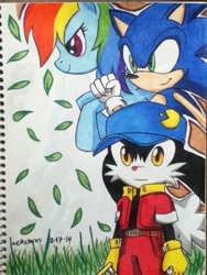 Size: 720x960 | Tagged: safe, artist:emichaca, character:rainbow dash, character:sonic the hedgehog, crossover, drawing, grass, klonoa, leaf, lined paper, notebook, pac-man, sonic the hedgehog (series), traditional art