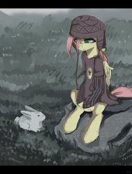Size: 2358x3100 | Tagged: safe, artist:facerenon, character:fluttershy, species:rabbit, clothing, female, sitting, solo