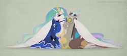 Size: 1300x573 | Tagged: safe, artist:celestiathegreatest, character:discord, character:princess celestia, character:princess luna, species:alicorn, species:draconequus, species:pony, g4, female, hoof shoes, hug, looking at each other, mare, royal sisters, sisters, smiling, trio, winghug
