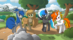 Size: 7160x3900 | Tagged: safe, artist:le-23, oc, oc only, oc:flame, oc:sapling, oc:skyline, oc:tsunami, species:earth pony, species:pegasus, species:pony, species:unicorn, bandage, clothing, group, hat, looking at you, mountain, saddle bag, tree