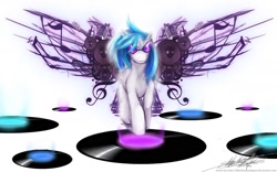 Size: 1600x1000 | Tagged: safe, artist:slifertheskydragon, character:dj pon-3, character:vinyl scratch, species:pony, species:unicorn, female, glasses, mare, music, photoshop, solo