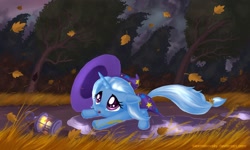 Size: 2000x1200 | Tagged: safe, artist:alexmakovsky, character:trixie, species:pony, species:unicorn, candle, crying, cute, diatrixes, female, filly, lantern, leaves, mare, solo, wind