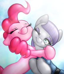 Size: 2000x2301 | Tagged: safe, artist:kelisah, character:maud pie, character:pinkie pie, species:pony, episode:maud pie, g4, my little pony: friendship is magic, clothing, crepuscular rays, cute, diapinkes, duo, eyes closed, female, floppy ears, hat, hug, light, maudabetes, one eye closed, siblings, sisters, smiling, when she smiles