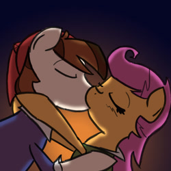 Size: 900x900 | Tagged: safe, artist:eliwood10, character:pipsqueak, character:scootaloo, species:pegasus, species:pony, ask, ask captain pipsqueak, female, kissing, male, scootasqueak, shipping, straight, tumblr