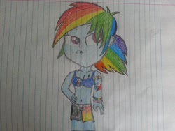 Size: 1024x768 | Tagged: safe, artist:deon miller, character:rainbow dash, my little pony:equestria girls, alternate hairstyle, belly button, boxers, clothing, earring, lip piercing, tattoo, underwear, wristband