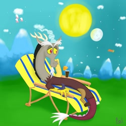 Size: 2000x2000 | Tagged: dead source, safe, artist:polkin, character:discord, cloud, deck chair, high res, male, moon, mountain, on back, solo, sun