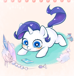 Size: 950x980 | Tagged: safe, artist:mirululu, character:rarity, species:pony, baby, baby pony, blushing, cute, diabetes, eyes on the prize, female, gem, jewelry, pearl, prone, raribetes, smiling, solo, string, weapons-grade cute, younger