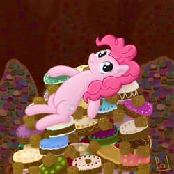Size: 2000x2000 | Tagged: dead source, safe, artist:polkin, character:pinkie pie, species:earth pony, species:pony, cake, cupcake, dessert, female, high res, mare, on back, pile, solo, sweets