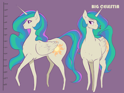 Size: 1667x1250 | Tagged: safe, artist:nivrozs, character:princess celestia, species:alicorn, species:pony, g4, biglestia, blushing, female, giant pony, looking at you, macro, missing accessory, music notes, praise the sun, profile, raised hoof, raised leg, size chart, solo, tallestia, whistling