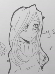 Size: 1208x1609 | Tagged: safe, artist:facerenon, character:fluttershy, species:human, female, grayscale, humanized, monochrome, solo