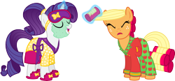 Size: 8809x4102 | Tagged: safe, artist:claritea, character:applejack, character:rarity, absurd resolution, bathrobe, clothing, hair curlers, magic, mud mask, pajamas, robe, simple background, sleep mask, slippers, transparent background, vector