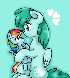 Size: 900x1000 | Tagged: safe, artist:stockingstreams, character:rainbow dash, character:spring melody, character:sprinkle medley, carrying, cute, duo, filly, foal, headcanon, heart, mother and daughter, size difference, smiling, smoldash, younger