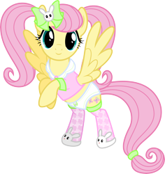 Size: 8000x8467 | Tagged: safe, artist:claritea, character:fluttershy, species:pegasus, species:pony, species:rabbit, absurd resolution, alternate hairstyle, clothing, female, hair bow, pajamas, panties, pigtails, ribbon, simple background, slippers, socks, solo, transparent background, underwear, vector, white underwear