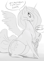 Size: 900x1260 | Tagged: safe, artist:nivrozs, character:princess celestia, oc, oc:anon, species:human, species:pony, biglestia, dialogue, giant pony, giantlestia, gradient background, grayscale, looking at each other, looking down, macro, monochrome, my big pony, open mouth, pointing, scolding, sitting, size difference, smiling, spread wings, sunbutt, tallestia, wings