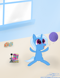 Size: 700x900 | Tagged: safe, artist:allpowerfultrixie, artist:mikoruthehedgehog, character:trixie, ball, female, filly, happy, toy, train