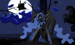Size: 2156x1292 | Tagged: safe, artist:sallycars, character:discord, character:king sombra, character:lord tirek, character:nightmare moon, character:princess luna, character:queen chrysalis, character:sunset satan, character:sunset shimmer, g4, my little pony:equestria girls, cloud, demon, moon, spread wings, sunset satan, tree, wings