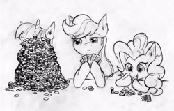 Size: 3300x2103 | Tagged: safe, artist:gezawatt, character:applejack, character:pinkie pie, character:twilight sparkle, grayscale, group, monochrome, pile, playing, poker, traditional art