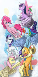 Size: 1400x2850 | Tagged: safe, artist:novaquinmat, character:applejack, character:fluttershy, character:pinkie pie, character:rainbow dash, character:rarity, character:spike, character:twilight sparkle, character:twilight sparkle (alicorn), species:alicorn, species:pony, action poster, female, mane seven, mane six, mare