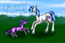 Size: 4320x2880 | Tagged: safe, artist:crazyaniknowit, artist:turrkoise, character:shining armor, character:twilight sparkle, bandaid, blank flank, crying, floppy ears, frown, glowing horn, grass, injured, magic, prone, sad, smiling, telekinesis, younger