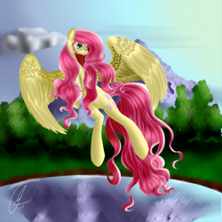 Size: 4320x4320 | Tagged: safe, artist:crazyaniknowit, character:fluttershy, absurd resolution, bedroom eyes, eyeshadow, female, flying, lake, looking at you, messy mane, solo, spread wings, wings