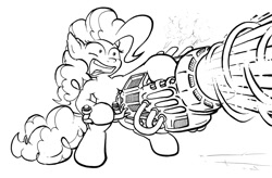 Size: 1280x841 | Tagged: safe, artist:gezawatt, character:pinkie pie, bass cannon, black and white, dub, dubstep, dubstep gun, female, grayscale, intense, marker, monochrome, music, solo, traditional art