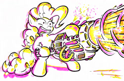 Size: 1920x1258 | Tagged: safe, artist:gezawatt, character:pinkie pie, species:earth pony, species:pony, bass cannon, bipedal, colored, dub, dubstep, dubstep gun, female, intense, limited palette, mare, marker drawing, music, simple background, solo, traditional art, weapon, white background