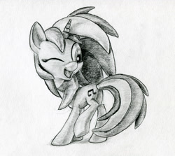 Size: 1209x1080 | Tagged: safe, artist:gezawatt, character:dj pon-3, character:vinyl scratch, female, happy, monochrome, pencil drawing, solo, traditional art