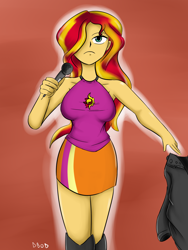 Size: 1200x1600 | Tagged: safe, artist:dinobirdofdoom, character:sunset shimmer, equestria girls:rainbow rocks, g4, my little pony: equestria girls, my little pony:equestria girls, breasts, clothing, female, microphone, scene interpretation, skirt, solo, the coats are off, welcome to the show