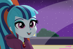 Size: 3000x2000 | Tagged: safe, artist:mikoruthehedgehog, character:sonata dusk, equestria girls:rainbow rocks, g4, my little pony: equestria girls, my little pony:equestria girls, female, looking at you, open mouth, smiling, solo, window
