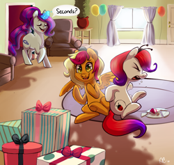Size: 3171x3008 | Tagged: safe, artist:comikazia, oc, oc only, species:earth pony, species:pegasus, species:pony, species:unicorn, balloon, birthday party, broken dish, butt to butt, butt touch, cake, magic, party, present, sneezing