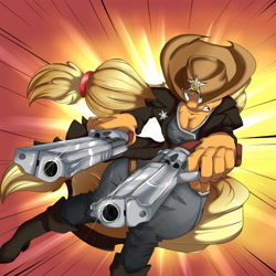 Size: 5000x5000 | Tagged: safe, artist:vicse, character:applejack, species:anthro, species:plantigrade anthro, absurd resolution, action pose, badass, cleavage, clothing, dual wield, female, gritted teeth, gun, picatinny rail, revolver, sheriff, sheriffjack, solo, weapon