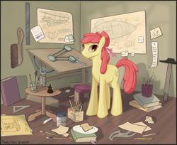 Size: 1091x889 | Tagged: safe, artist:marbleyarns, character:apple bloom, airship, blueprint, book, engineering, female, interior, looking at you, messy, older, paintbrush, pencil, smiling, solo, standing, table