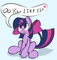 Size: 1600x1700 | Tagged: safe, artist:manicpanda, character:twilight sparkle, character:twilight sparkle (unicorn), species:pony, species:unicorn, blue background, blushing, bow, bronybait, cute, dialogue, female, hair bow, heart, mare, no pupils, simple background, sitting, solo, speech bubble, twiabetes