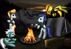 Size: 3200x2227 | Tagged: safe, artist:spitshy, character:fire streak, character:fleetfoot, character:soarin', character:spitfire, beach ball, jagdpanther, tank (vehicle)