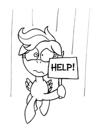 Size: 485x636 | Tagged: safe, artist:samueleallen, character:scootaloo, species:pegasus, species:pony, female, lineart, monochrome, road runner, scootaloo can't fly, sign, solo, wile e coyote