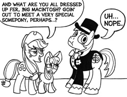 Size: 678x518 | Tagged: safe, artist:samueleallen, character:apple bloom, character:applejack, character:big mcintosh, species:earth pony, species:pony, :i, clothing, hat, lineart, male, monochrome, stallion, suit, top hat